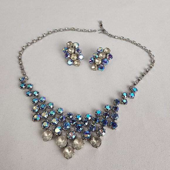 Vintage Crystal Necklace and Clip-On Earring Set - Sparkling Rhinestone Jewelry - Picture 1 of 10